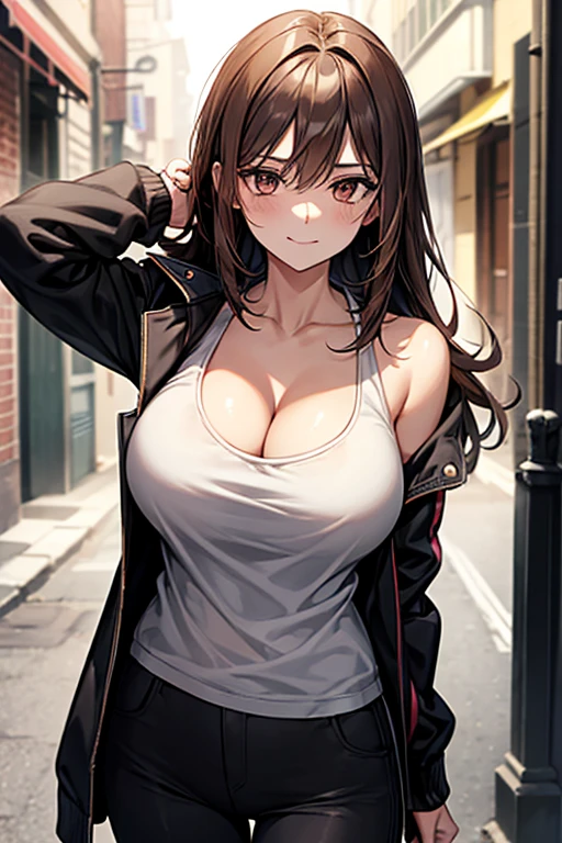 score_9, score_8_up, score_7_up, score_6_up, source_anime, rating_explicit, 1girl, solo, huge breasts,brown hair, long hair, brown eyes, track jacket, black jacket, open jacket, long sleeves, collarbone, cleavage, white tank top, black pants, smile, closed mouth, Narrow shoulders, heavy breathing, steaming body, alley, outdoors, looking at viewer, standing, arms behind head, close-up