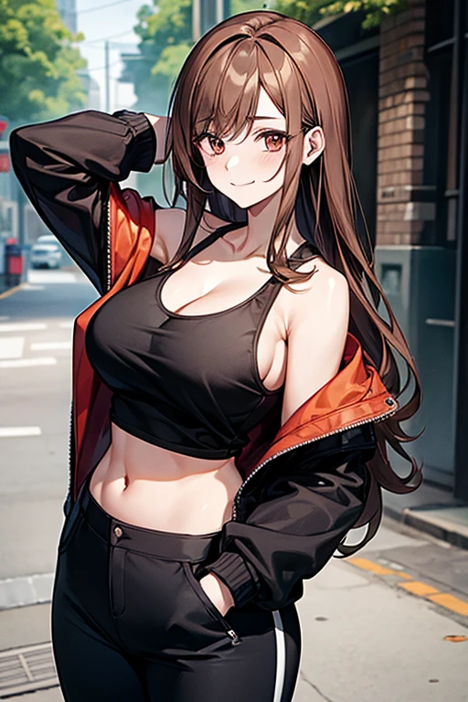 score_9, score_8_up, score_7_up, score_6_up, source_anime, rating_explicit, 1girl, solo, huge breasts,brown hair, long hair, brown eyes, track jacket, black jacket, open jacket, long sleeves, collarbone, cleavage, white tank top, black pants, smile, closed mouth, Narrow shoulders, heavy breathing, steaming body, alley, outdoors, looking at viewer, standing, arms behind head, close-up