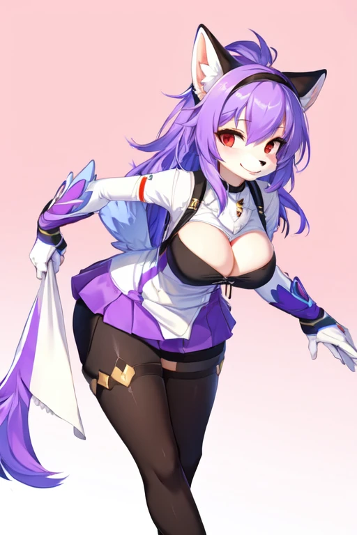 best quality, masterpiece, highres, solo, {provence_arknights:1.15}, animal_ears, wolf_ears, purple_hair, yellow_eyes, bangs, long_hair, hair_between_eyes, braid, tail, wolf_tail, breasts, single_braid, upper_body, wolf_girl, smile, open_mouth