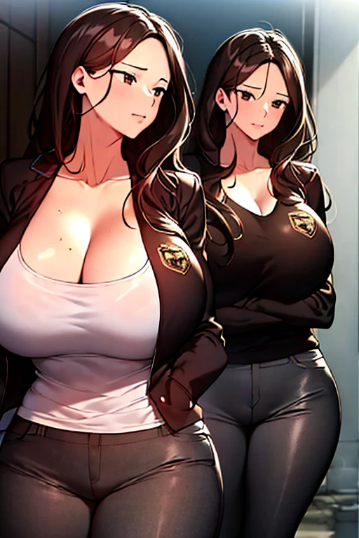 score_9, score_8_up, score_7_up, score_6_up, source_anime, rating_explicit, 1girl, solo, huge breasts,brown hair, long hair, brown eyes, track jacket, black jacket, open jacket, long sleeves, collarbone, cleavage, white tank top, black pants, smile, closed mouth, Narrow shoulders, heavy breathing, steaming body, alley, outdoors, looking at viewer, standing, arms behind head, close-up