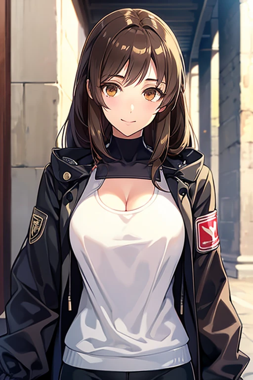 score_9, score_8_up, score_7_up, score_6_up, source_anime, rating_explicit, 1girl, solo, huge breasts,brown hair, long hair, brown eyes, track jacket, black jacket, open jacket, long sleeves, collarbone, cleavage, white tank top, black pants, smile, closed mouth, Narrow shoulders, heavy breathing, steaming body, alley, outdoors, looking at viewer, standing, arms behind head, close-up