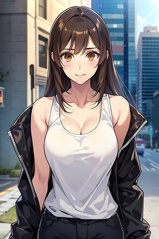 score_9, score_8_up, score_7_up, score_6_up, source_anime, rating_explicit, 1girl, solo, huge breasts,brown hair, long hair, brown eyes, track jacket, black jacket, open jacket, long sleeves, collarbone, cleavage, white tank top, black pants, smile, closed mouth, Narrow shoulders, heavy breathing, steaming body, alley, outdoors, looking at viewer, standing, arms behind head, close-up