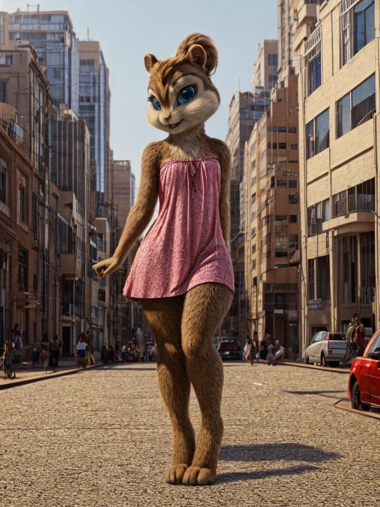 score_9, score_8_up, score_7, score_6, South Africa, City, Johannesburg, streets, brittany miller, chipmunk, furry, short ears, blue eyes, pink dress, standing, looking at viewer, 6 inches tall