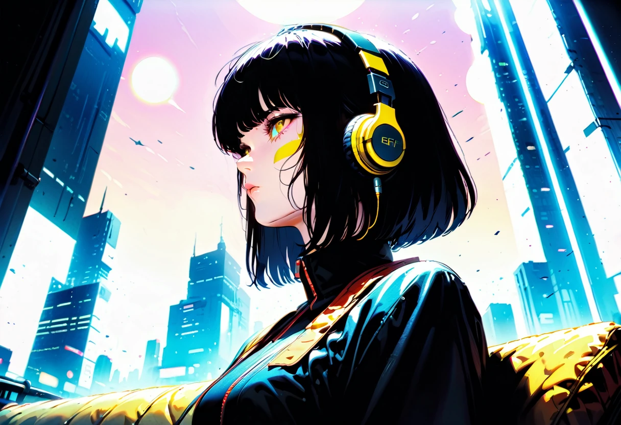 ((Best Quality)),(masterpiece)),(detailed),(Realistic),80s Anime、Wide angle shooting、Long-distance shot、Wide-angle shooting、Ghibli style、Lo-fi art style,Cinematic Lighting,City Sunset Girl、Sitting and listening to music、The girl is wearing headphones and has her eyes closed、Beautiful black hair with short hair