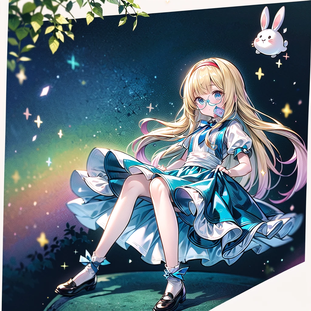 Perfect Anatomy、(Official Art、Highest quality、Unity 8k wallpaper、32K、masterpiece、Ultra-detailed、Ultra-high resolution)、Fantastic、((Alice in Wonderland))、Blonde、Tie your hair with a ribbon、Blue colored eyes、Blue Apron Dress、White socks、Trump、usagi、Pocket watch、Rabbit in a tuxedo、