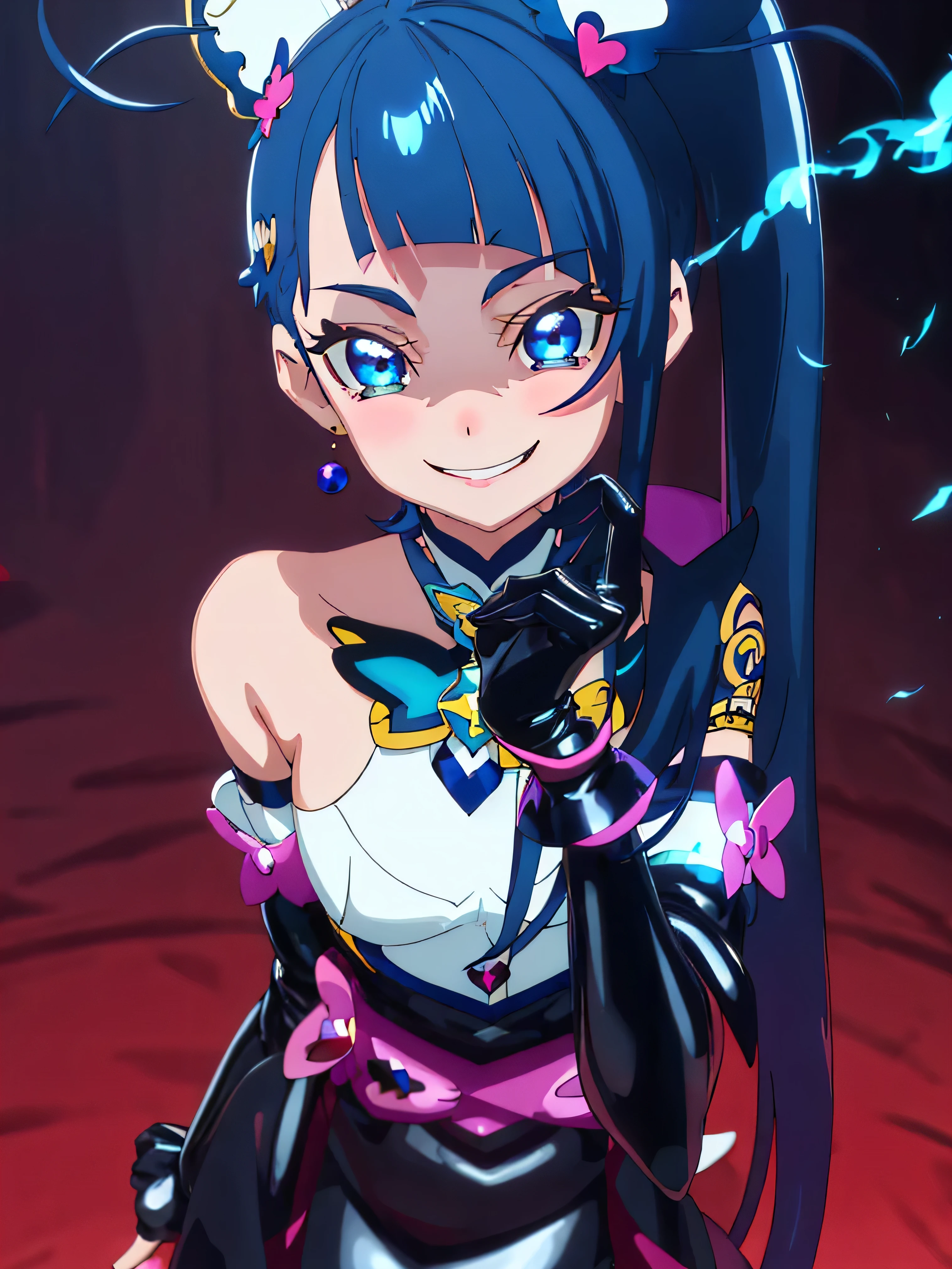 Highest quality, Very detailed,One Girl, alone, {cure_null_hirogarunullprecure:1.15}, Dark blue hair, blue eyes, Blue flames in the eyes, Long Hair, Twin tails, Magical girl, bangs, Open your mouth, Redhead, multicoloRedhead, One Girl, blunt bangs, Darken your clothes, hair ornaments, Wicked Smile, devilish aura (Shiny fabric:1.5), Full Body Shot, Purple Gemstone, attractive, blush, (Beautiful attention to detail:1.6), Very detailed顔, Perfect lighting, Extremely detailed CG, (Perfect hands, Perfect Anatomy), devil, Red and black color scheme, Shiny material, Grin, Black ribbon, black satin gloves, Evil clover leaf ornament, Black frills, jewelry, corruption, Latex Gloss, Black Gothic Cape, Wicked Smile, Dark World Background, , cloudy null, CG Style, One-sided black wing,Dark shadowed face,Sadistic smile,Malice,Contempt,smile,black,Perfect hands,Perfect body,shiny latex Elbow full gloves