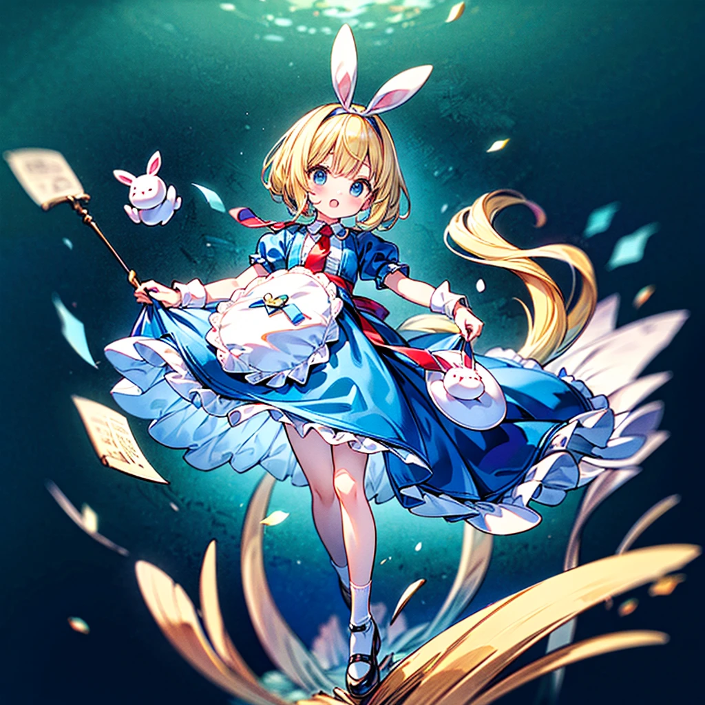 Perfect Anatomy、(Official Art、Highest quality、Unity 8k wallpaper、32K、masterpiece、Ultra-detailed、Ultra-high resolution)、Fantastic、((Alice in Wonderland))、Blonde、Tie your hair with a ribbon、Blue colored eyes、Blue Apron Dress、White socks、Trump、usagi、Pocket watch、Rabbit in a tuxedo、