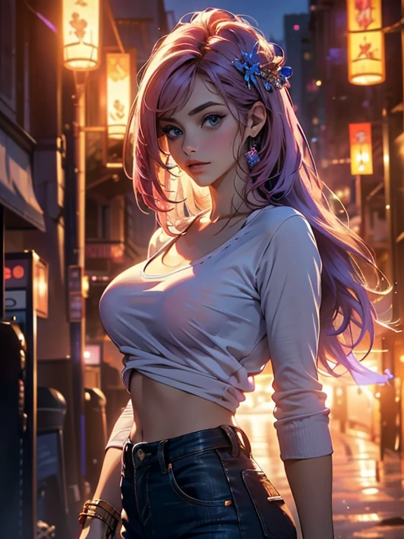 ((Hight resolution)), ((ultra-detailliert)), Complex architecture, traffic light, Very heavy rain, Panoramic cityscape, (masterpiece, top-quality), Ray traching, absurderes, master piece, ((View landscape)), (profile), (Side), Seen from the side, Facing to the side, Sharp Focus, Delicate Beautiful Hair and Eyes and Face, Lifelike, Hyper-detailing, a beauty girl, Dynamic Hair, pale skin, (slender), natural (medium boob:1.3), ((cleavage of the breast)), (((areola is sheer))), (Leaning forward), Beautiful cute woman, a matural female,((steaming body)), soaked body, Fog, exhaled, steam, trembling, (Delicate light pink hair), long hair, Sideways, (Wearing a loose top), scornful look, Contemptuous gaze, a closed mouth, (((arms behind back))), ((Protruding chest))