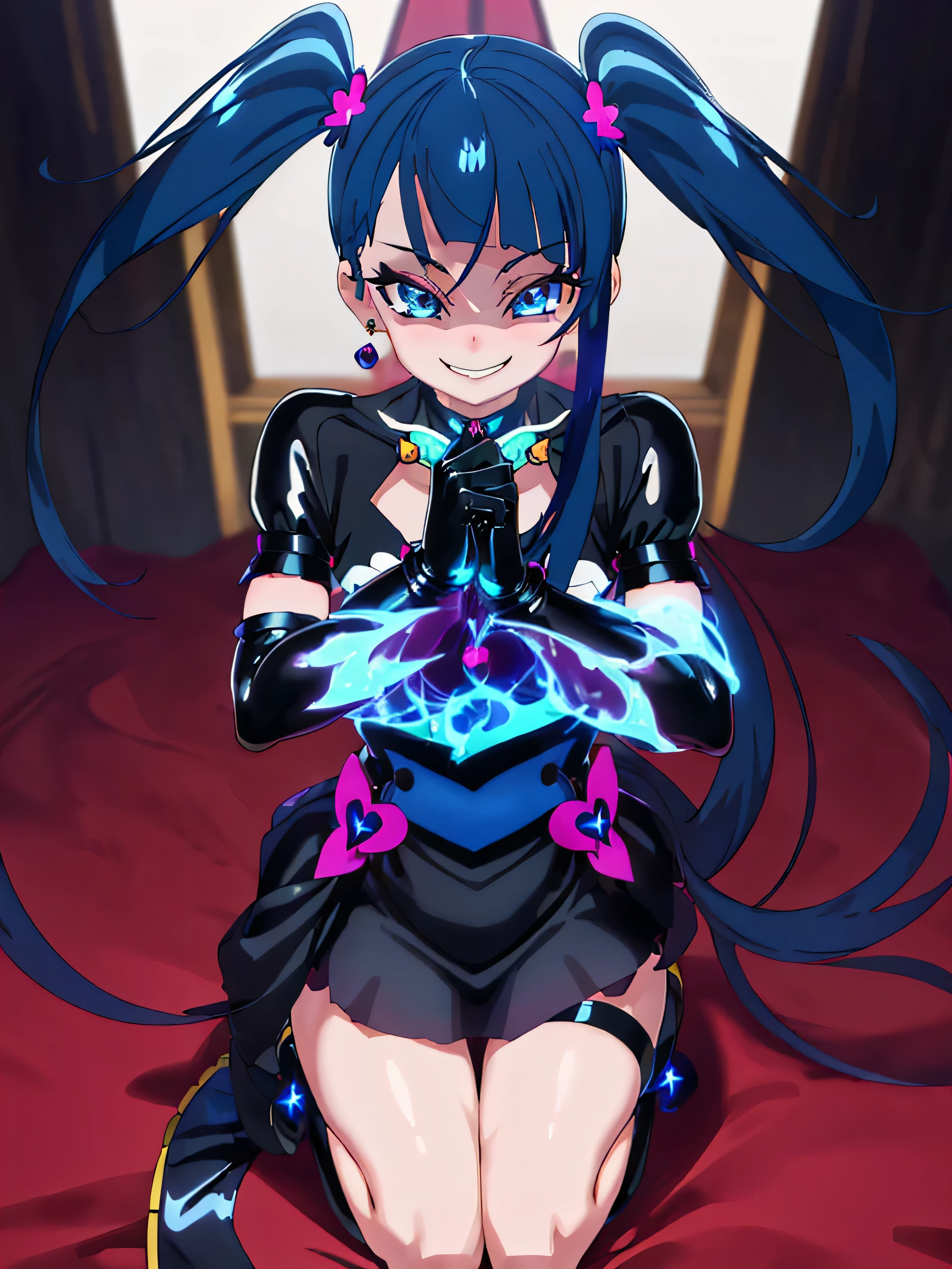 Highest quality, Very detailed,One Girl, alone, {cure_null_hirogarunullprecure:1.15}, Dark blue hair, blue eyes, Blue flames in the eyes, Long Hair, Twin tails, Magical girl, bangs, Open your mouth, Redhead, multicoloRedhead, One Girl, blunt bangs, Darken your clothes, hair ornaments, Wicked Smile, devilish aura (Shiny fabric:1.5), Full Body Shot, Purple Gemstone, attractive, blush, (Beautiful attention to detail:1.6), Very detailed顔, Perfect lighting, Extremely detailed CG, (Perfect hands, Perfect Anatomy), devil, Red and black color scheme, Shiny material, Grin, Black ribbon, black satin gloves, Evil clover leaf ornament, Black frills, jewelry, corruption, Latex Gloss, Black Gothic Cape, Wicked Smile, Dark World Background, , cloudy null, CG Style, One-sided black wing,Dark shadowed face,Sadistic smile,Malice,Contempt,smile,black,Perfect hands,Perfect body,shiny latex Elbow full gloves