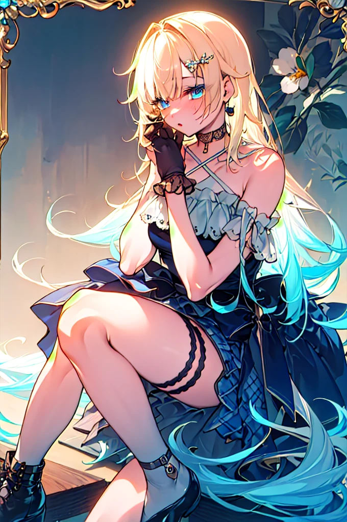 (masterpiece, Best Quality:1.2), Alone, One girl, oh yeah, long hair, gradient hair, hair ornament, lace choker, black choker, bare shoulders, criss-cross halter, blue dress, frils, black bow, black gloves, thigh strap, fishnet, single thighhigh, sitting,