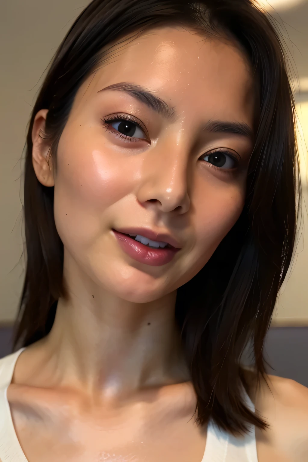((Highest quality)), ((8K)), ((masterpiece: 1.3)), (Perfect appearance), (Photorealism: 1.6), (JMA), (Woman portrait), (Japanese Mature), (Blurred Background), ((Looking here, A woman in the center of the screen)), ((Realistic skin texture)), (Fine wrinkles all over the skin), (Dullness), (Unmoisturized skin), (Facial wrinkles), (Wrinkles around the eyes), double eyelid, Lower eyelid tear trough, (Crying Mole), (Brown eyes), (Precise eyeball), Closed lips, Calm expression, (Dimples), (Straight hair), (Short Hair), (Thin and smooth hair), (Both ears are visible), (Medium), (Saggy breasts), (Breasts that have lost their firmness and sagging), (Wide-necked blouse), (Focus on the face),