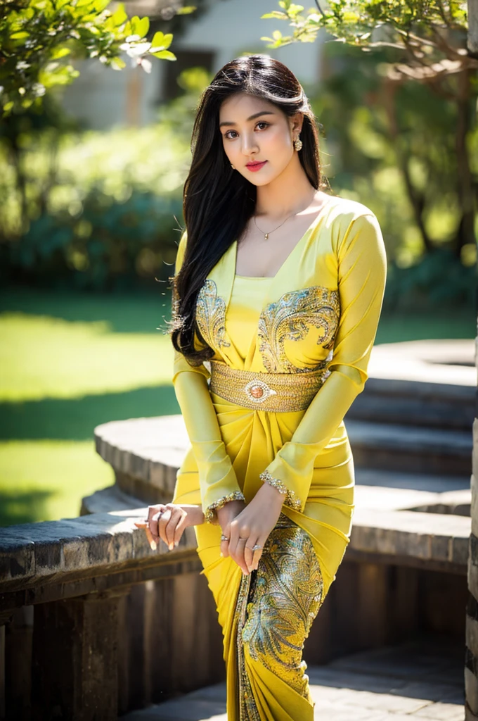 masterpiece, ultra realistic,32k,intricate details, sharp focus, realistic, closed, seductive pose, black eyes, jewelr, lips, realistic, looking_at_viewer, irene1, wet skin, shiny skin, long sleeves, indonesian clothes, bali, balinese, cityscape, dynamic pose, red kebaya,full body,busty body,curvy body,long hair,beauty face,cowboy shot