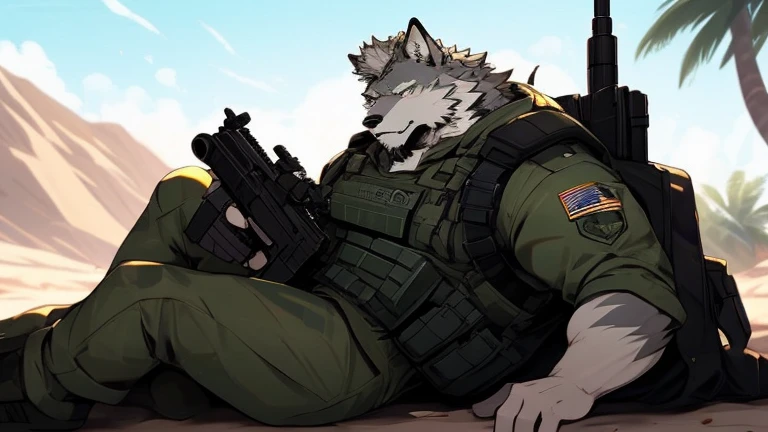 A Left Side Picture of A Very Muscular Furry style Gray Wolf. he is wearing A Full Green military suit. his eyes are looking in the gun looking spot. he is holding a very large gun in front him. he is aiming something that is in front of him. The background is all gray. he is Laying down.