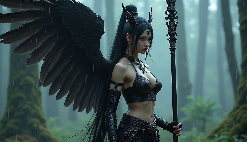 1fullbodyimage of a extremely cute Japanese young woman with albino skin and flowing hair, in a black and silver miniskirt outfit with wings wielding a katana, Beautiful round breasts, Glossy lips, Perfect abs, (Perspectiveal), Tight waist, Inner seam, hourglass body shape, navel, Blush, Voluptuous, huge breasts, tight top, beautiful dark angel girl, warrior angel, villainess has black angel wings, angel knight gothic girl, angel in glossy metallic black and silver armor, crown in armour, stuning fantasy 3 d render, angel knight girl, cinematic volumetric lighting, ultra realistic, shot with Sony Fx6