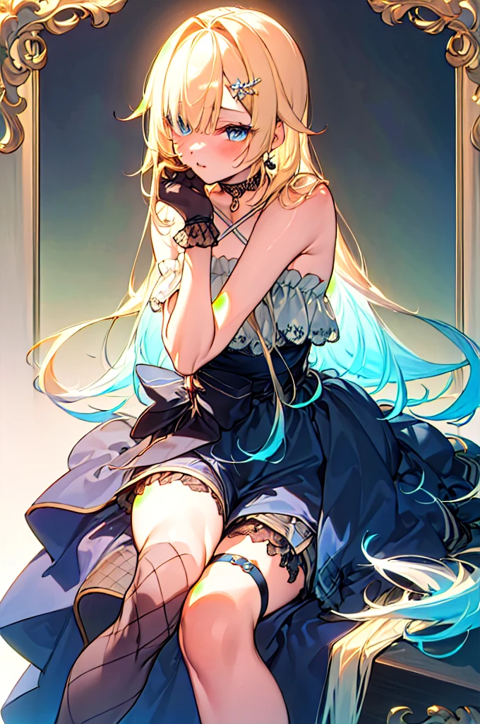 (masterpiece, Best Quality:1.2), Alone, One girl, by toosakaasagi, oh yeah, long hair, gradient hair, hair ornament, lace choker, black choker, bare shoulders, criss-cross halter, blue dress, frils, black bow, black gloves, thigh strap, fishnet, single thighhigh, sitting,