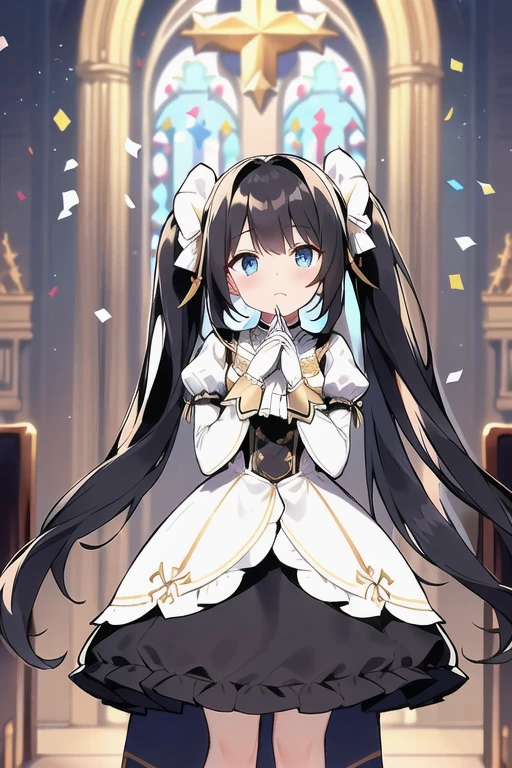 masterpiece, best quality, long hair, twintails, black hair, blue eyes, frilled dress, elbow gloves, indoors, church, confetti,