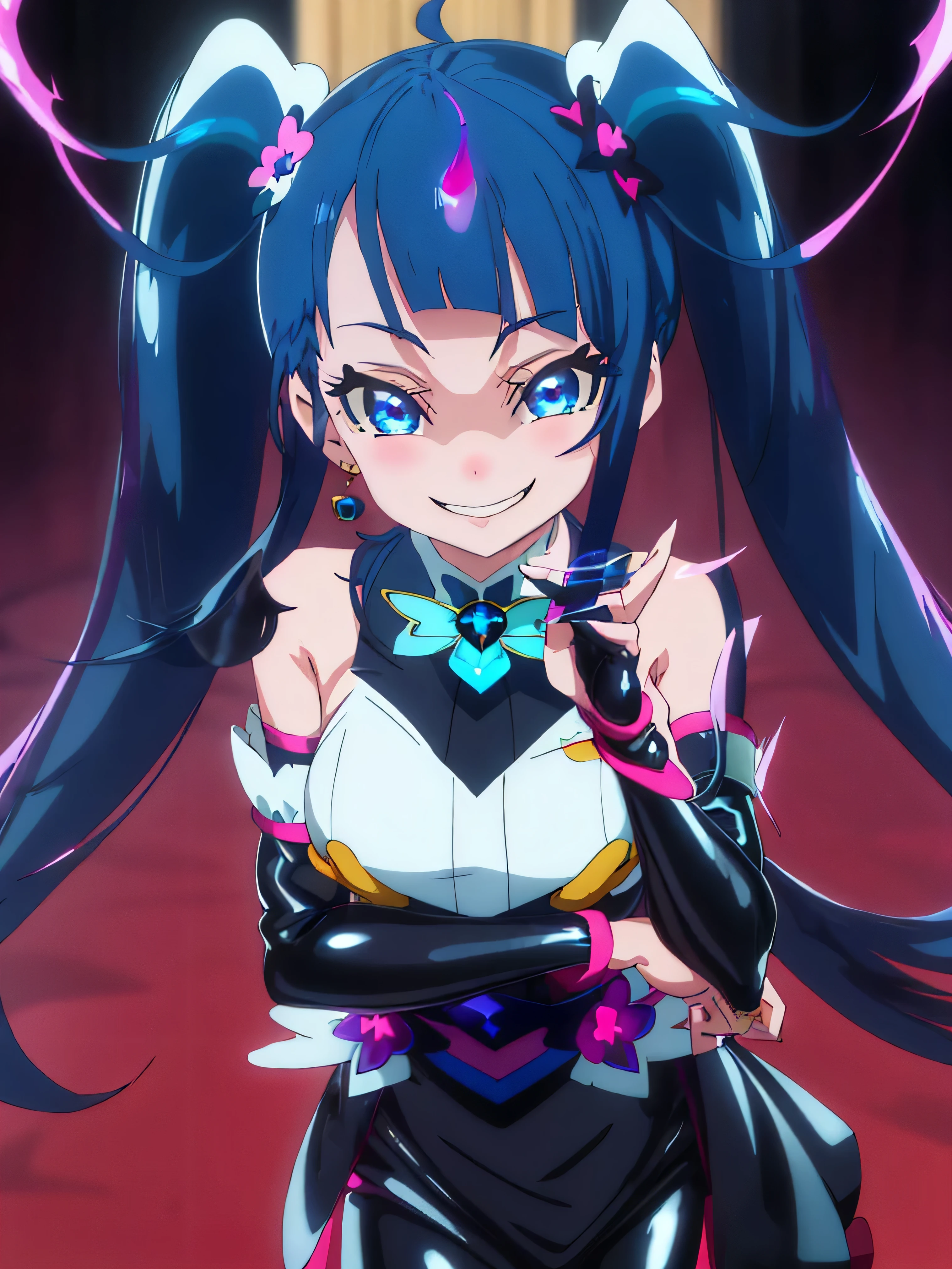 Highest quality, Very detailed,One Girl, alone, {cure_null_hirogarunullprecure:1.15}, Dark blue hair, blue eyes, Blue flames in the eyes, Long Hair, Twin tails, Magical girl, bangs, Open your mouth, Redhead, multicoloRedhead, One Girl, blunt bangs, Darken your clothes, hair ornaments, Wicked Smile, devilish aura (Shiny fabric:1.5), Full Body Shot, Purple Gemstone, attractive, blush, (Beautiful attention to detail:1.6), Very detailed顔, Perfect lighting, Extremely detailed CG, (Perfect hands, Perfect Anatomy), devil, Red and black color scheme, Shiny material, Grin, Black ribbon, black satin gloves, Evil clover leaf ornament, Black frills, jewelry, corruption, Latex Gloss, Black Gothic Cape, Wicked Smile, Dark World Background, , cloudy null, CG Style, One-sided black wing,Dark shadowed face,Sadistic smile,Malice,Contempt,smile,black,Perfect hands,Perfect body,shiny latex Elbow full gloves