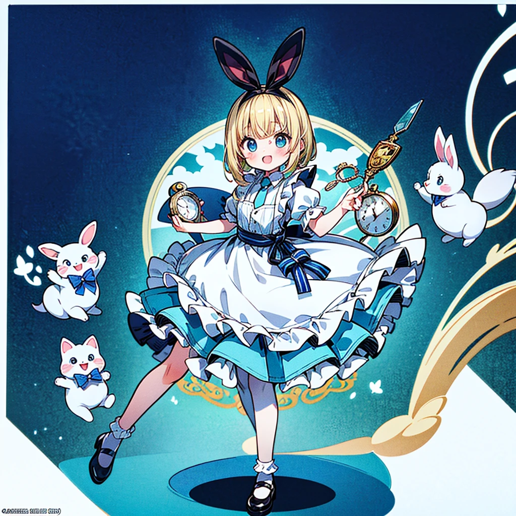 Perfect Anatomy、(Official Art、Highest quality、Unity 8k wallpaper、32K、masterpiece、Ultra-detailed、Ultra-high resolution)、Fantastic、((Alice in Wonderland))、Blonde、Tie your hair with a ribbon、Blue colored eyes、Blue Apron Dress、White socks、Trump、usagi、Pocket watch、Rabbit in a tuxedo、