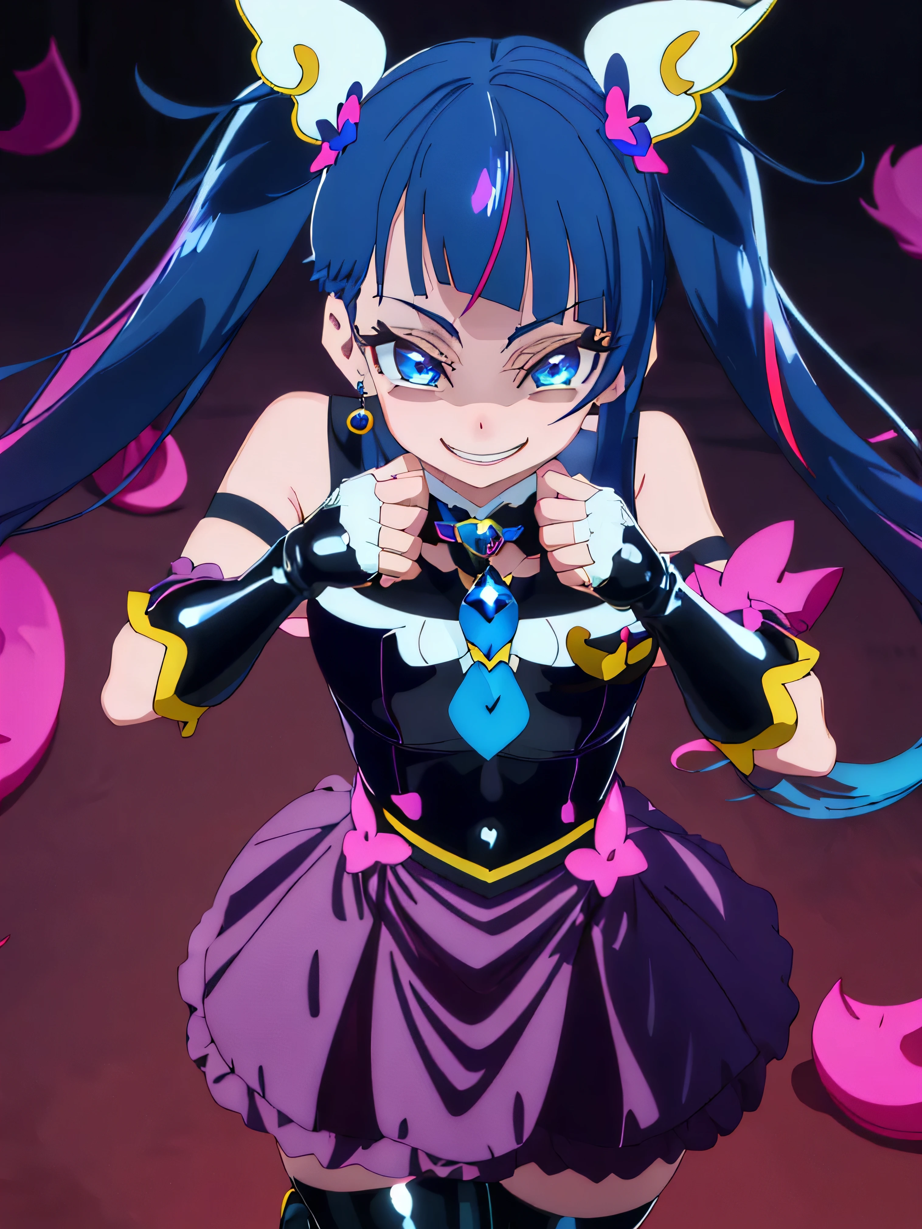 Highest quality, Very detailed,One Girl, alone, {cure_null_hirogarunullprecure:1.15}, Dark blue hair, blue eyes, Blue flames in the eyes, Long Hair, Twin tails, Magical girl, bangs, Open your mouth, Redhead, multicoloRedhead, One Girl, blunt bangs, Darken your clothes, hair ornaments, Wicked Smile, devilish aura (Shiny fabric:1.5), Full Body Shot, Purple Gemstone, attractive, blush, (Beautiful attention to detail:1.6), Very detailed顔, Perfect lighting, Extremely detailed CG, (Perfect hands, Perfect Anatomy), devil, Red and black color scheme, Shiny material, Grin, Black ribbon, black satin gloves, Evil clover leaf ornament, Black frills, jewelry, corruption, Latex Gloss, Black Gothic Cape, Wicked Smile, Dark World Background, , cloudy null, CG Style, One-sided black wing,Dark shadowed face,Sadistic smile,Malice,Contempt,smile,black,Perfect hands,Perfect body,shiny latex Elbow full gloves