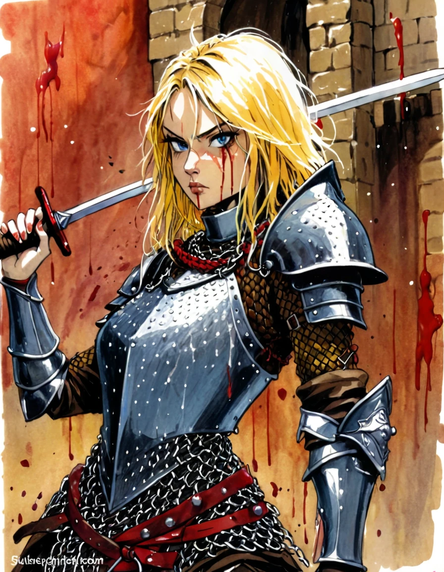 warrior, blonde, sexy, castle, chain mail armor, sword in hand, battle, blood splattered, drawing with colored pens, sketch, art inspired by Bill Sienkiewicz and Dave McKean
