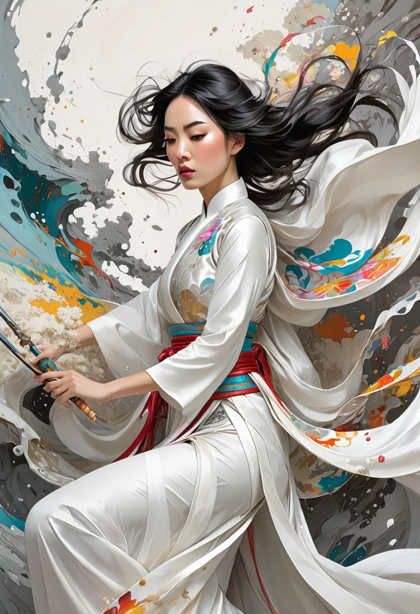 (1girl:1.4),solo, gorgeous， extreme detailed,(joshua middleton comic cover art:1.1), (Action 
painting:1.2),(concretism:1.2),(hypermaximalistic:1.5),colorful,highest detailed,white grey background, white hanfu, muted color， (masterpiece, top 
quality, best quality, official art, beautiful and aesthetic:1.2), 