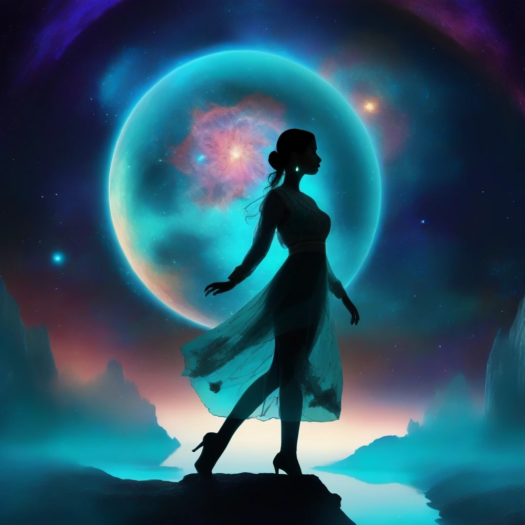 high quality fantasy image of an elegantly dressed desimocha  girl in silhouette in a dynamic pose, facing viewer, standing on tranquil translucent blue planet, and a translucent turquoise planet, in dark space, connected by bridge, with a backdrop of a multicolored crab nebula, 2 planet 