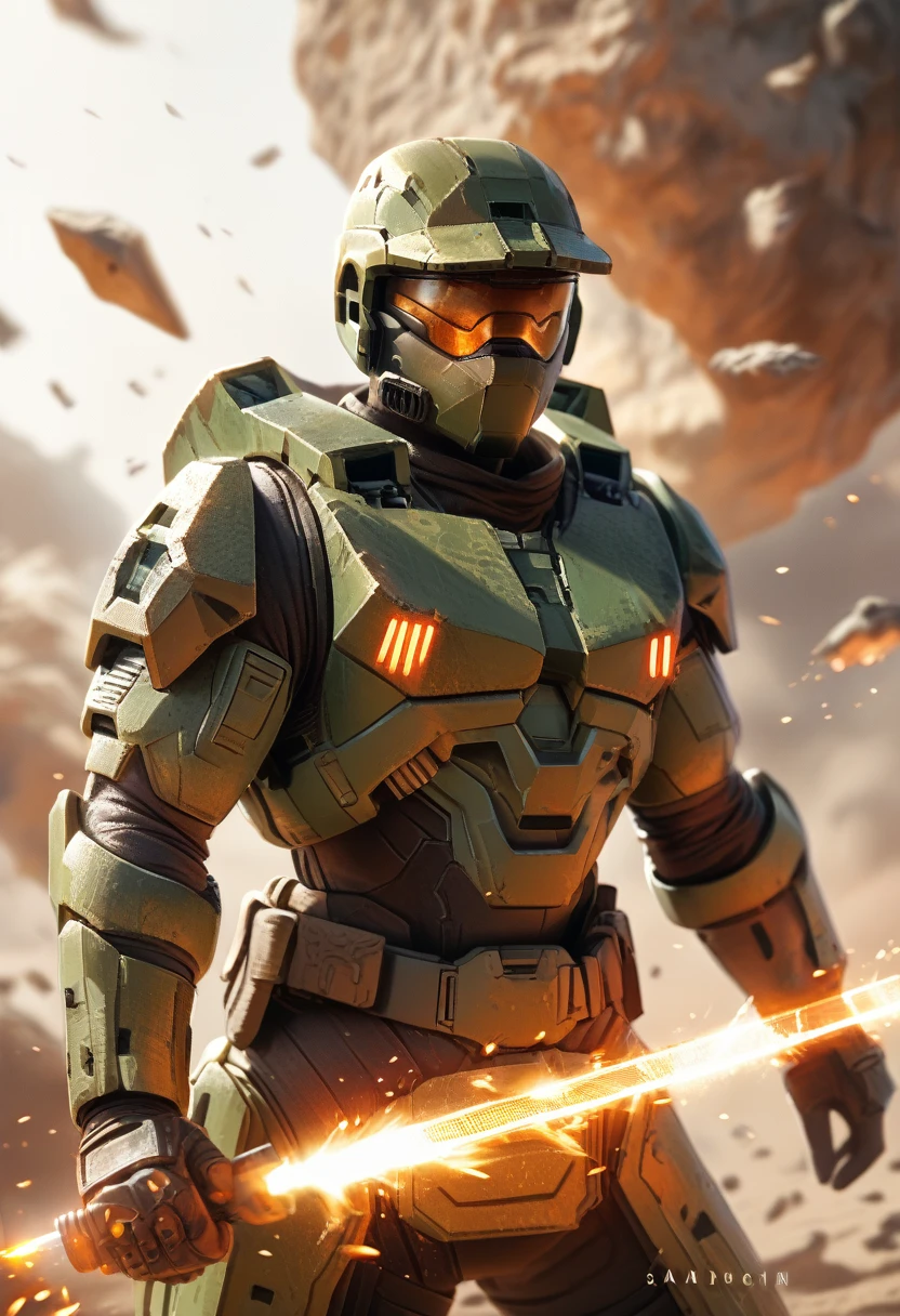 commander Ben, squad leader of task force 141,male spartan 2 super soldier from halo, wearing green mk 6 armour, golden faceplate, the number 141 written in white on the left side of the chestplate double bladed orange lightsabre in hands, battle scean