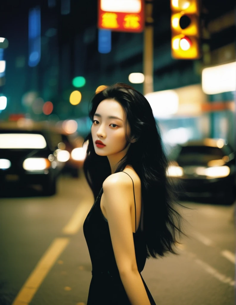 beautiful 20 year old girl, dressed in black, long black hair, wavy hair, walk through the city at night, traffic lights, Cars, people passing by, high contrast in lighting, Very detailed, high budget, bokeh, melancholy, film grain, Wong Kar Wai&#39;s film lighting style, in a dark environment,hyperrealism, realism,