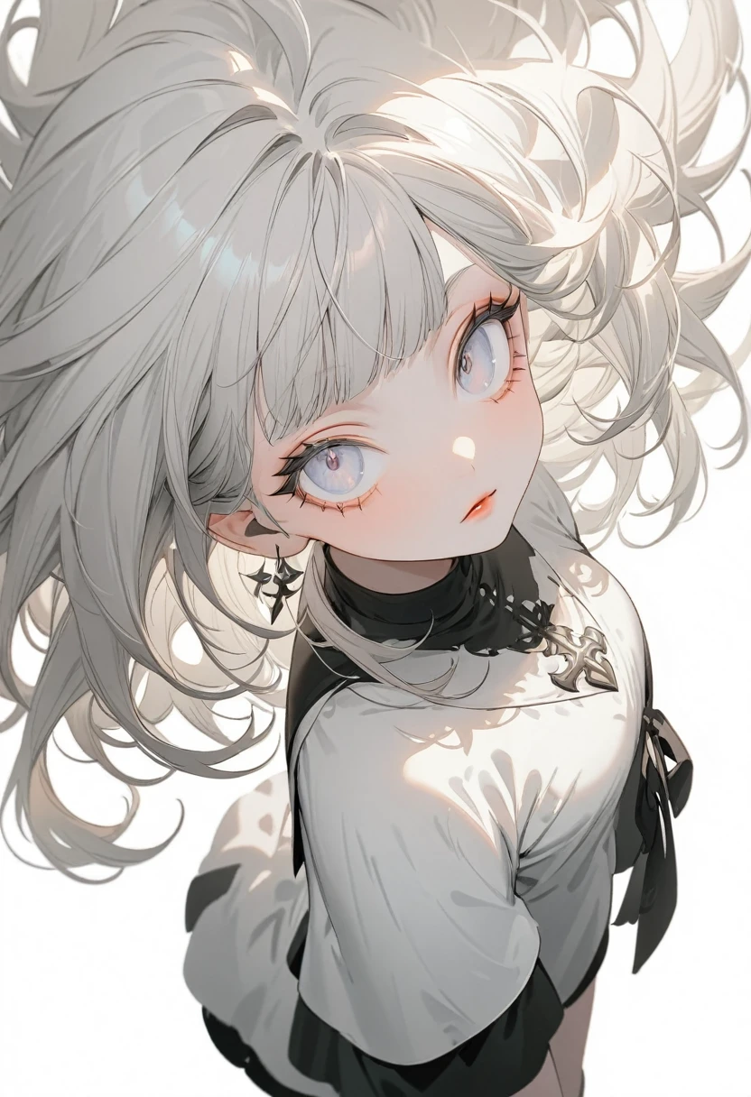 (Best Quality,Very detailed,High resolution:1.2),Albino beautiful girl，Heavy bangs，Long eyelashes, Cleric Shirt，Cool look, Shot from above，