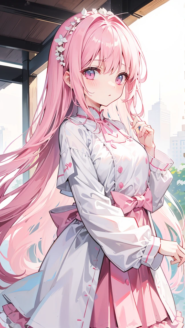 1 girl, pastel color, white straight hair, wearing white pink seifukuu, wearing pink skirt, long white socks, cool pose, perfect lighting, wearing pink bunny headband, wearing pink beret with white pink ribbon on it. Cowboy shot, happy expression.