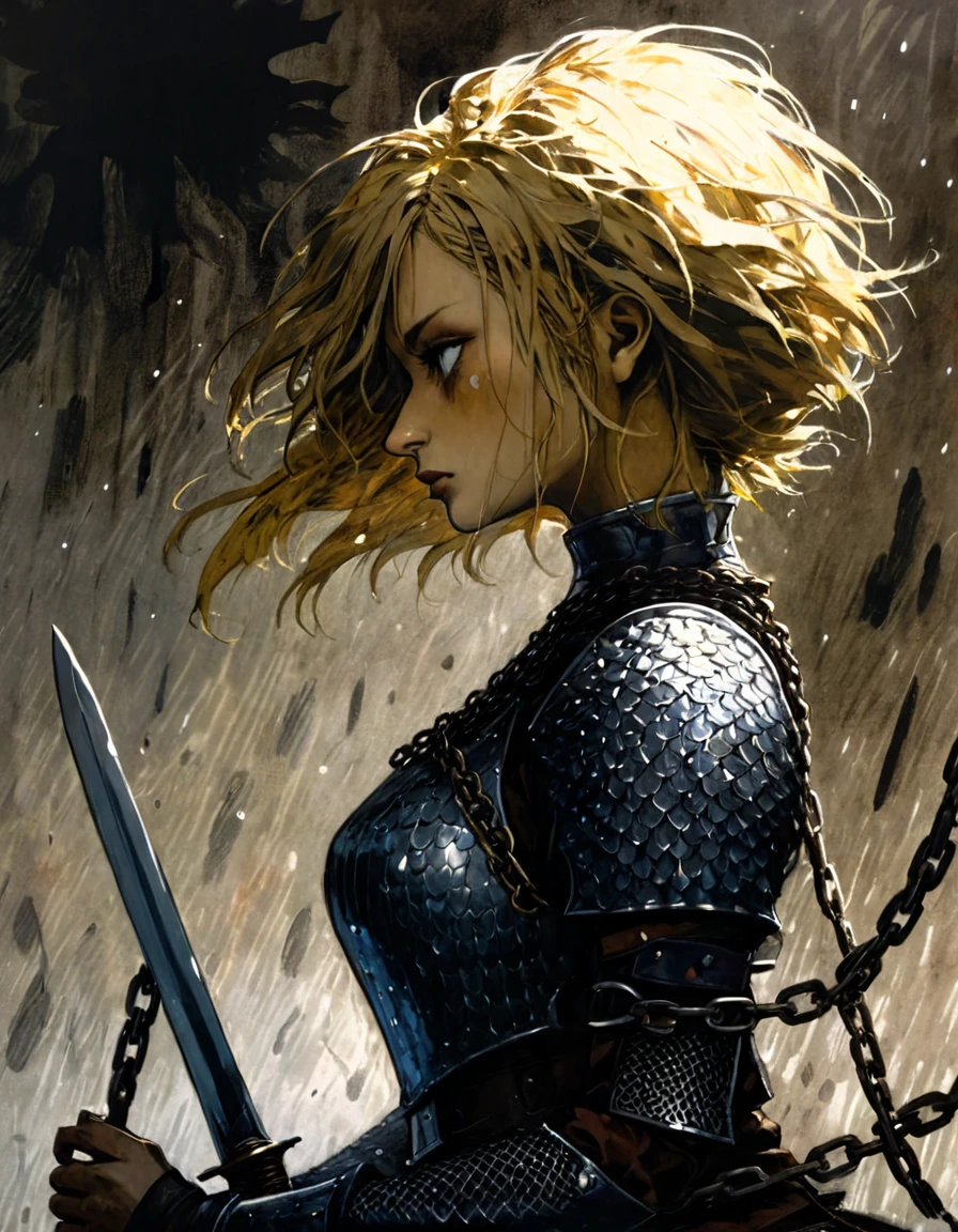 warrior, blonde, sexy, castle, chain mail armor, sword in hand, battle, blood splattered, drawing with colored pens, sketch,eroticism, sexy, black and white image, between shadows, oil painting, chiaroscuro, sensual, dramatic lighting, moody atmosphere, photorealistic, intricate details, masterpiece, ultra-detailed, high quality, 8k, best quality, realistic, cinematic, dark and brooding, expressionistic, powerful composition, emotional impact, art inspired by Bill Sienkiewicz and Dave McKean
