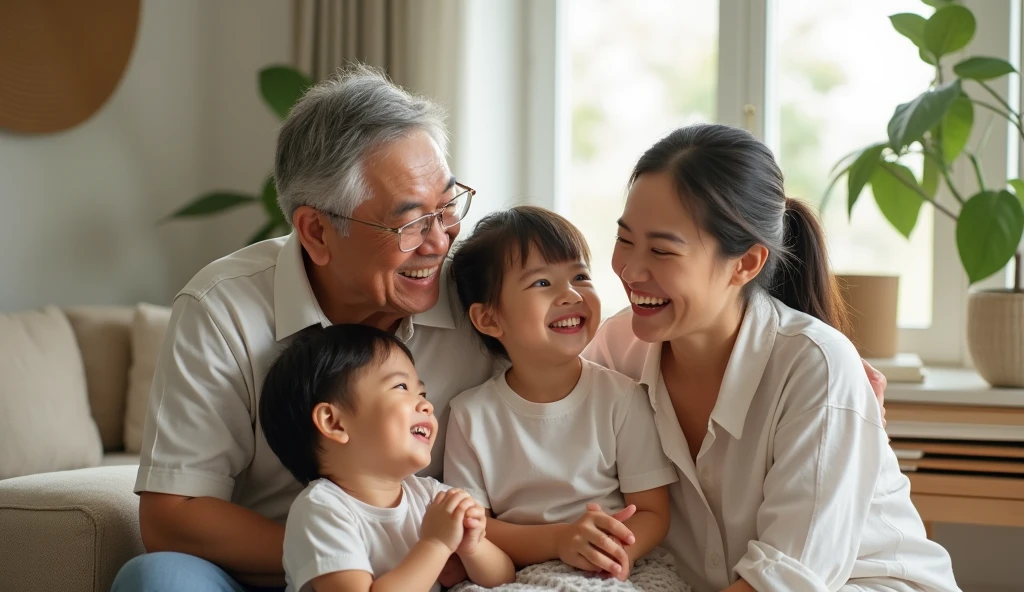 Grandparents and grandchildren who look real, not cartoonish, sitting on a blue background
