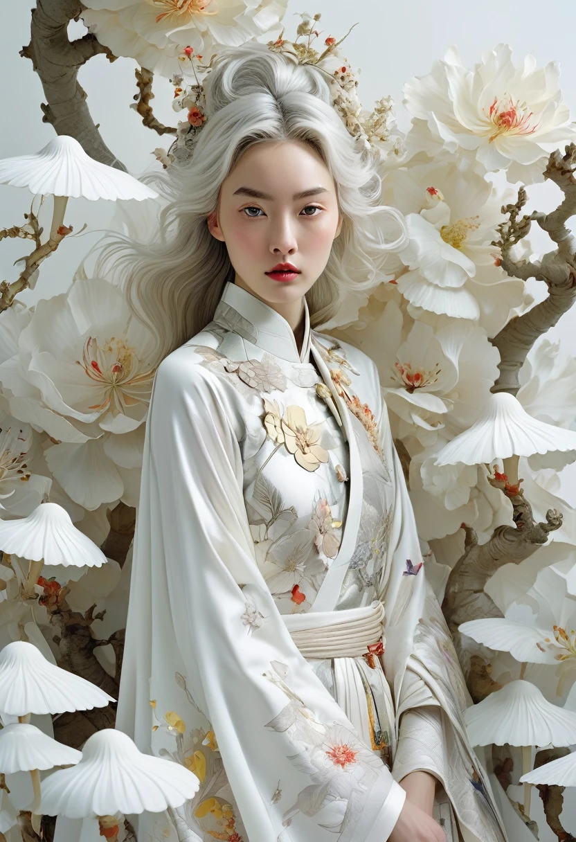 Tim Walker(1girl:1.4),solo, gorgeous， extreme detailed,(joshua middleton comic cover art:1.1), (Action painting:1.2),(concretism:1.2),(hypermaximalistic:1.5),colorful,highest detailed,white grey background, white hanfu, muted color， (masterpiece, top quality, best quality, official art, beautiful and aesthetic:1.2),