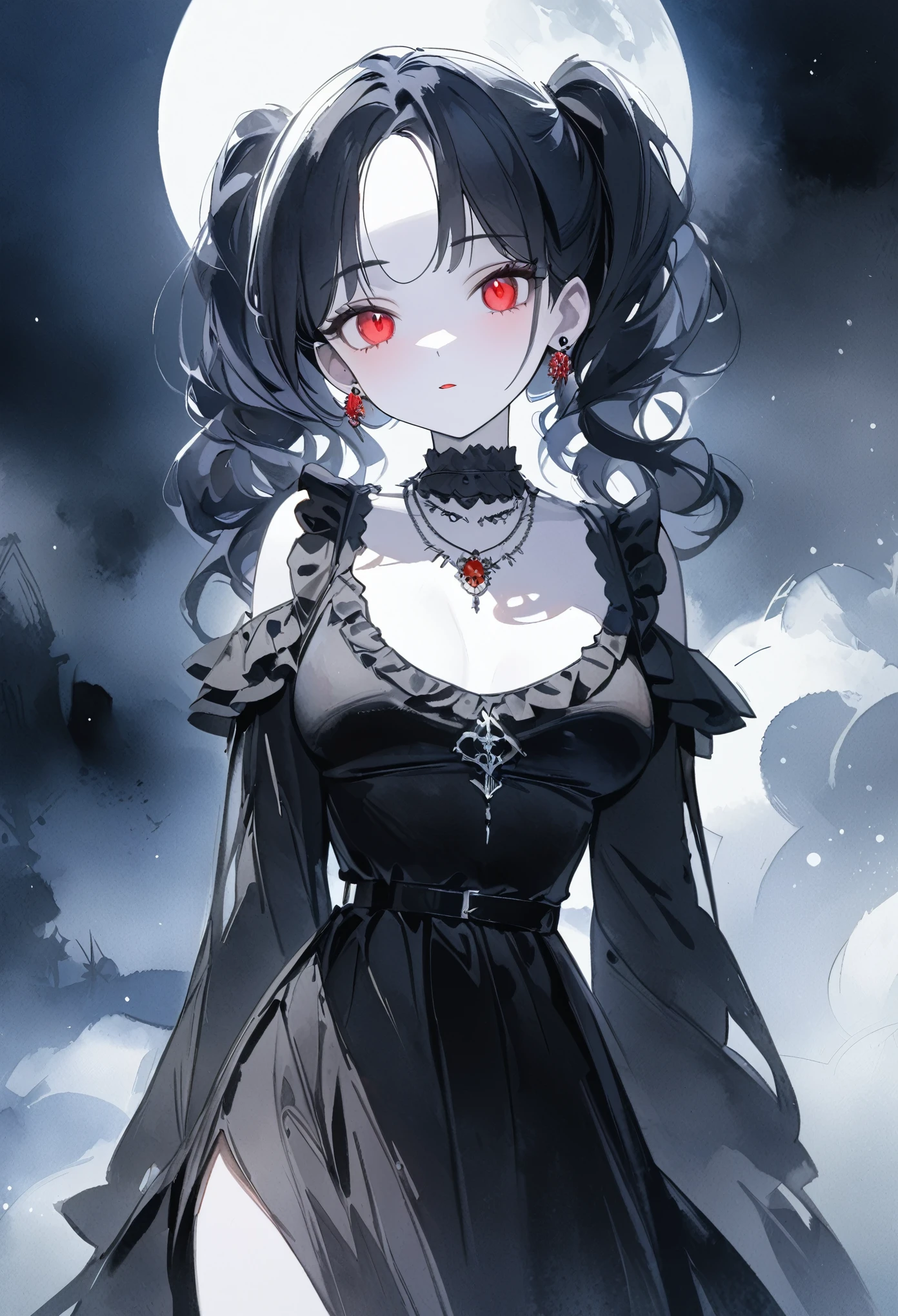 a girl with short black hair in twin pigtails,(white bangs), albino with red eyes, cold eye, wearing a black gothic dress,Frill,frontal view,earrings, necklaces,midnight, moonlight, brad moon,medium breasts, pale skin tone, watercolor style, (best quality,4k,8k,highlees,masterpiece:1.2),ultra-detailed,