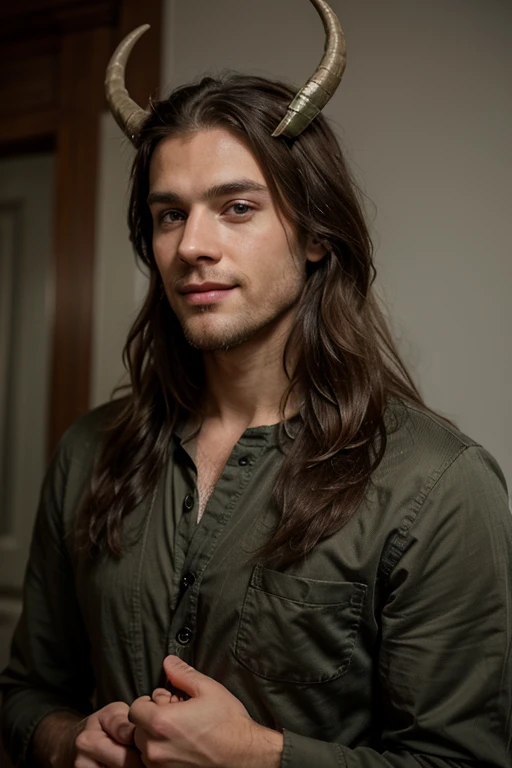 The image features a man with long hair, wearing a green shirt and a white undershirt. He is standing in a room with a bookshelf behind him, which has several books on it. The man appears to be posing for a picture, and his hair is blowing in the wind, giving him a stylish and carefree look.