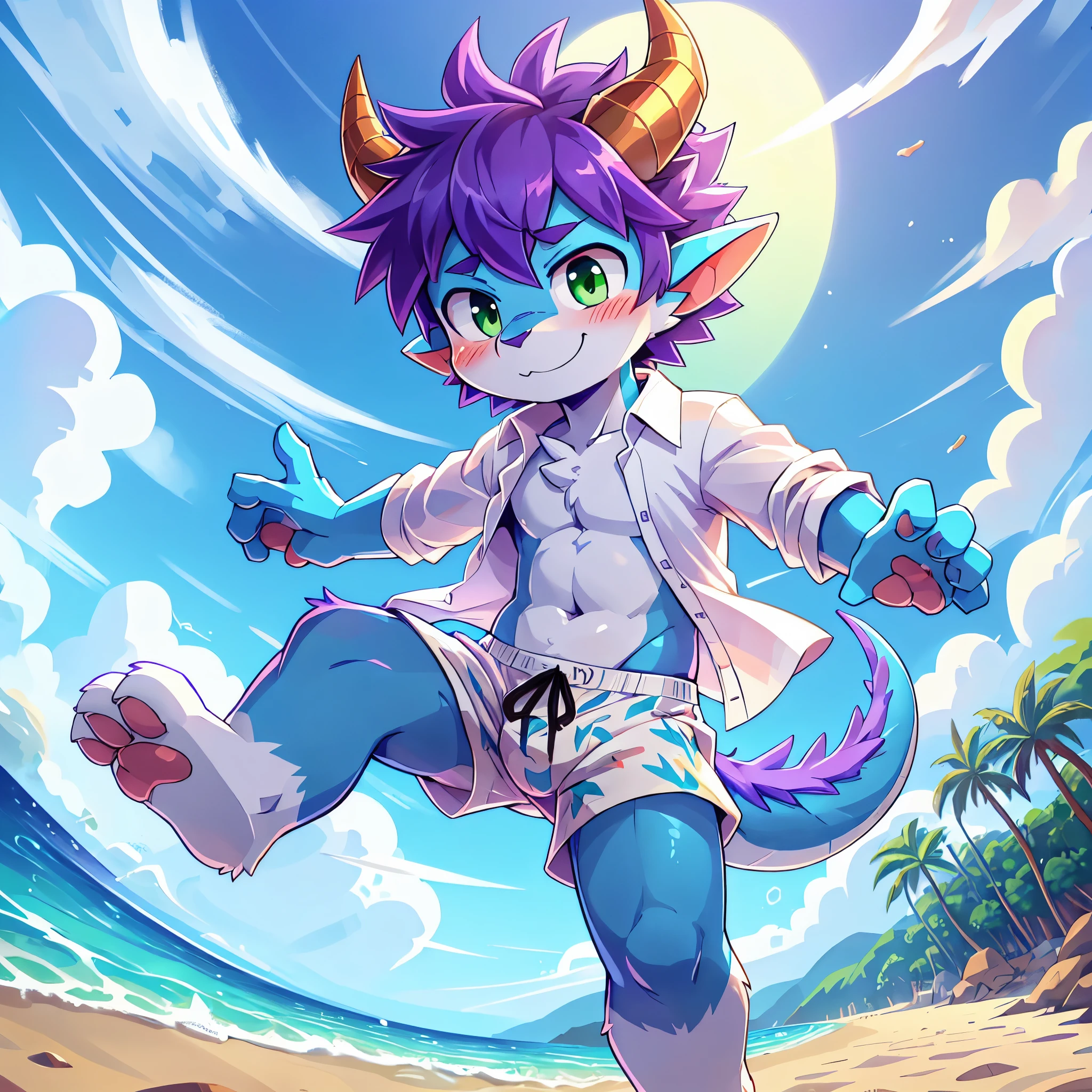 score_9,score_8_up,score_7_up, source_cartoon, source_furry, dragon boy, horns, green eyes, tail, purple hair, shota, furry, blush, dragon tail, looking at viewer, smile, dragon horns, pointy ears, short hair, furry male, two tone body fur, blue body fur, white body fur, ((white hawaiian shirt, open clothes, black swim trunks)), full body, feets with three toes, 3 toes, dynamic action shot, motion blur, thick outline, anthropomorphic, countershading, beach, clear sky