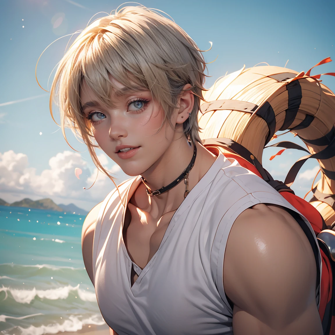 ((masterpiece)),(((best quality))), (high-quality, breathtaking),(expressive eyes, perfect face), 1boy, solo, male, short, young, 18 yo boy, short blonde hair, blue eyes, smiling,,, slim, shirtless, pubic hair, wet, under water, ocean, beautiful scenery, blue sky --auto