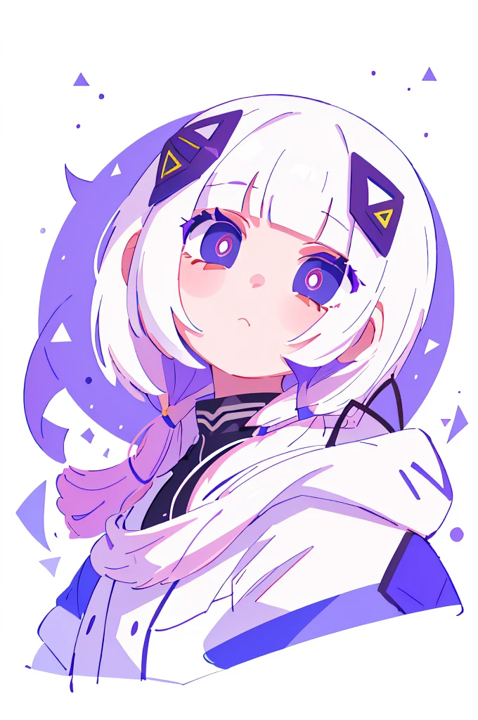 (main part, Best quality at best:1.2), 1 girl, There  a small purple horn on the hair, big white hair, a purple eye, white and light purple clothes