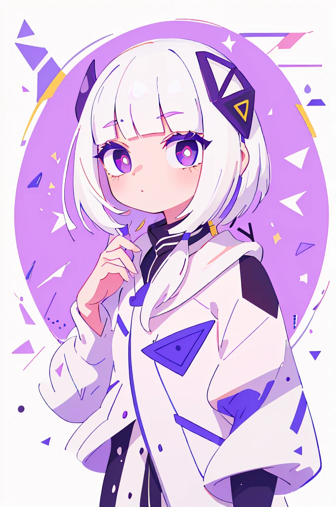 (main part, Best quality at best:1.2), 1 girl, There  a small purple horn on the hair, big white hair, a purple eye, white and light purple clothes