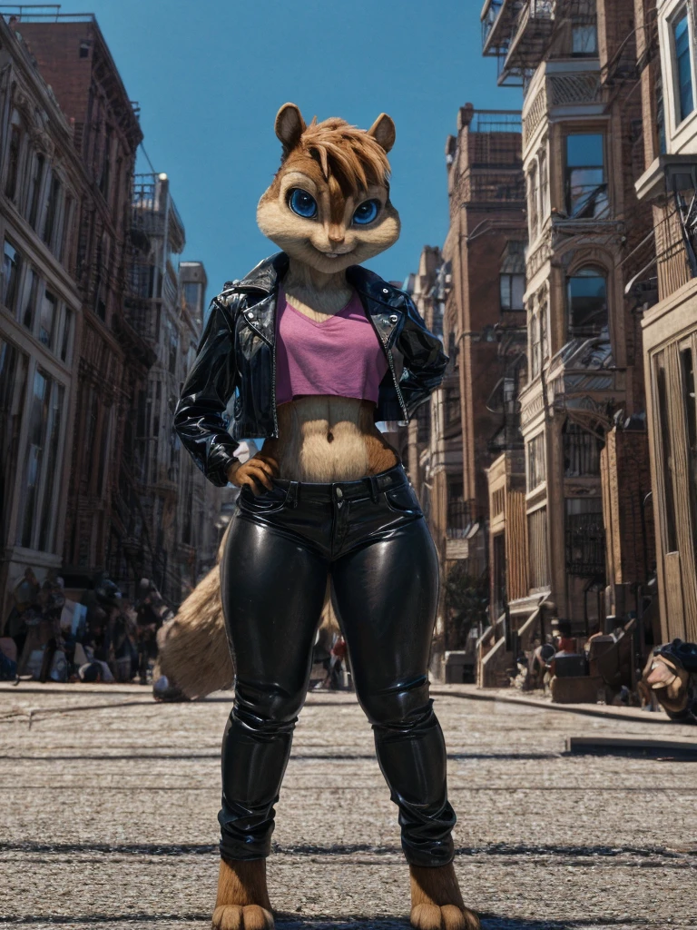 score_9, score_8_up, score_7, score_6, New York, City, Brooklyn, streets, brittany miller, chipmunk, furry, toned thighs and legs, toned body, short ears, blue eyes, light pink shirt, black leather jacket, leather pants, standing, looking at viewer, 6 inches tall