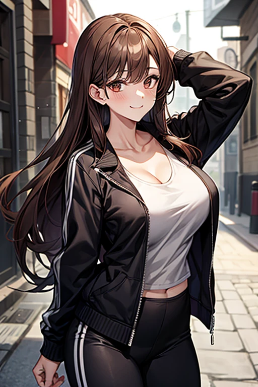 rating_explicit, 1girl, solo, huge breasts,brown hair, long hair, brown eyes, track jacket, black jacket, open jacket, long sleeves, collarbone, cleavage, white tank top, black pants, smile, closed mouth, Narrow shoulders, heavy breathing, steaming body, alley, outdoors, looking at viewer, standing, arms behind head, close-up