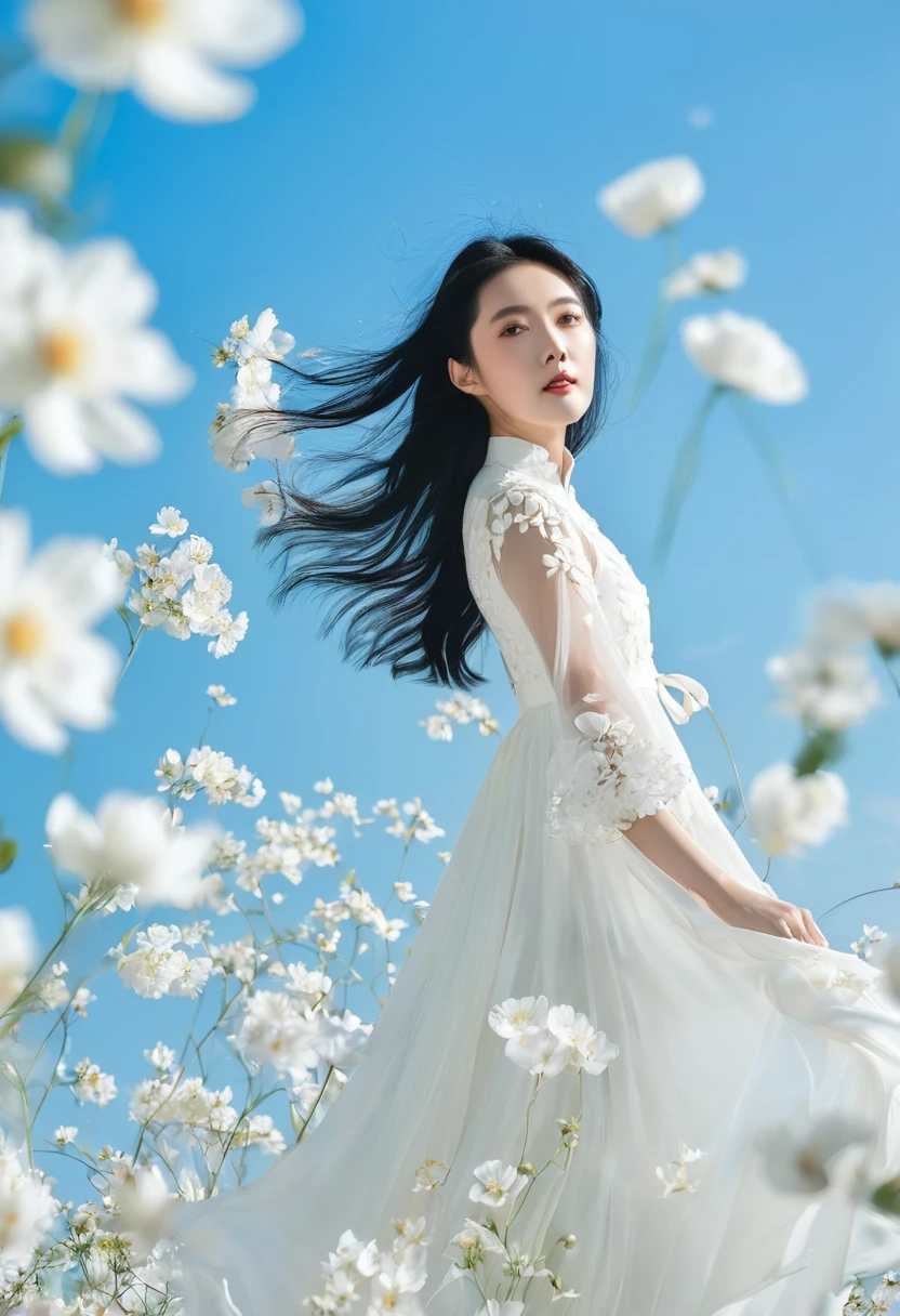 White长裙, White, White连衣裙, White连衣裙, Black Hair, Flowers, Blue sky, Standing, Sky, daytime, outdoor, Long hair flying