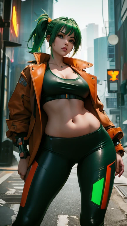 Masterpiece, best quality, 1 woman, small breasts, wide hips, thicc thighs, cyberpunk style, green hair, cyber arm, brown jacket, thight leggings, orange leggings, pony tail hair, 