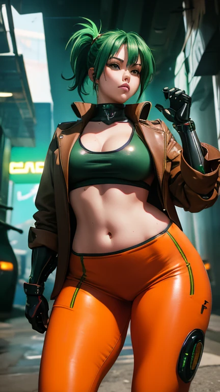 Masterpiece, best quality, 1 woman, small breasts, wide hips, thicc thighs, cyberpunk style, green hair, cyber arm, brown jacket, thight leggings, orange leggings, pony tail hair, 