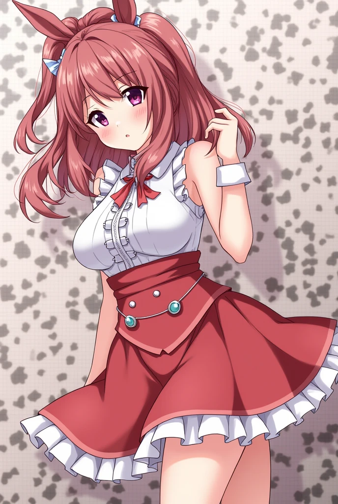 Cute, woman, short red curly hair, brown eyes, big breasts, hourglass body, small waist, ruffle pastel bow blouse, pastel skirt, Mary Jane shoes, white lacy stockings, sitting on knees, yandere, holding a knife in hand