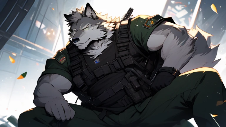 A Left Side Picture of A Very Muscular Furry style Gray Wolf. he is wearing A Full Green military suit. his eyes are looking in the gun looking spot. he is holding a ak-47 in front him. he is aiming at something that is in front of him. The background is all gray. he is Laying with his belly down.