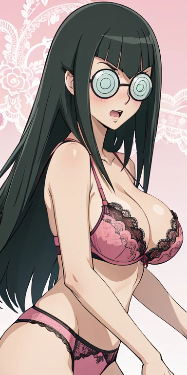 1 Female,High definition,high resolution,Ultra-realistic,8K, CC,black hair,long hair, glasses,large breasts,European,sexy,Upper body close-up,Photographed from the front,Dynamic Angles,pink lace panties,pink lace bra,blush, big tits ,happy,open mouth 