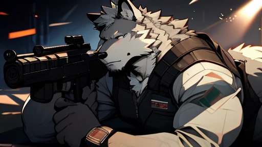 A Left Side Picture of A Very Muscular Furry style Gray Wolf. he is wearing A Full Green military suit. his eyes are looking in the gun looking spot. he is holding a ak-47 in front him. he is aiming at something that is in front of him. The background is all gray. he is Laying with his belly down on the ground