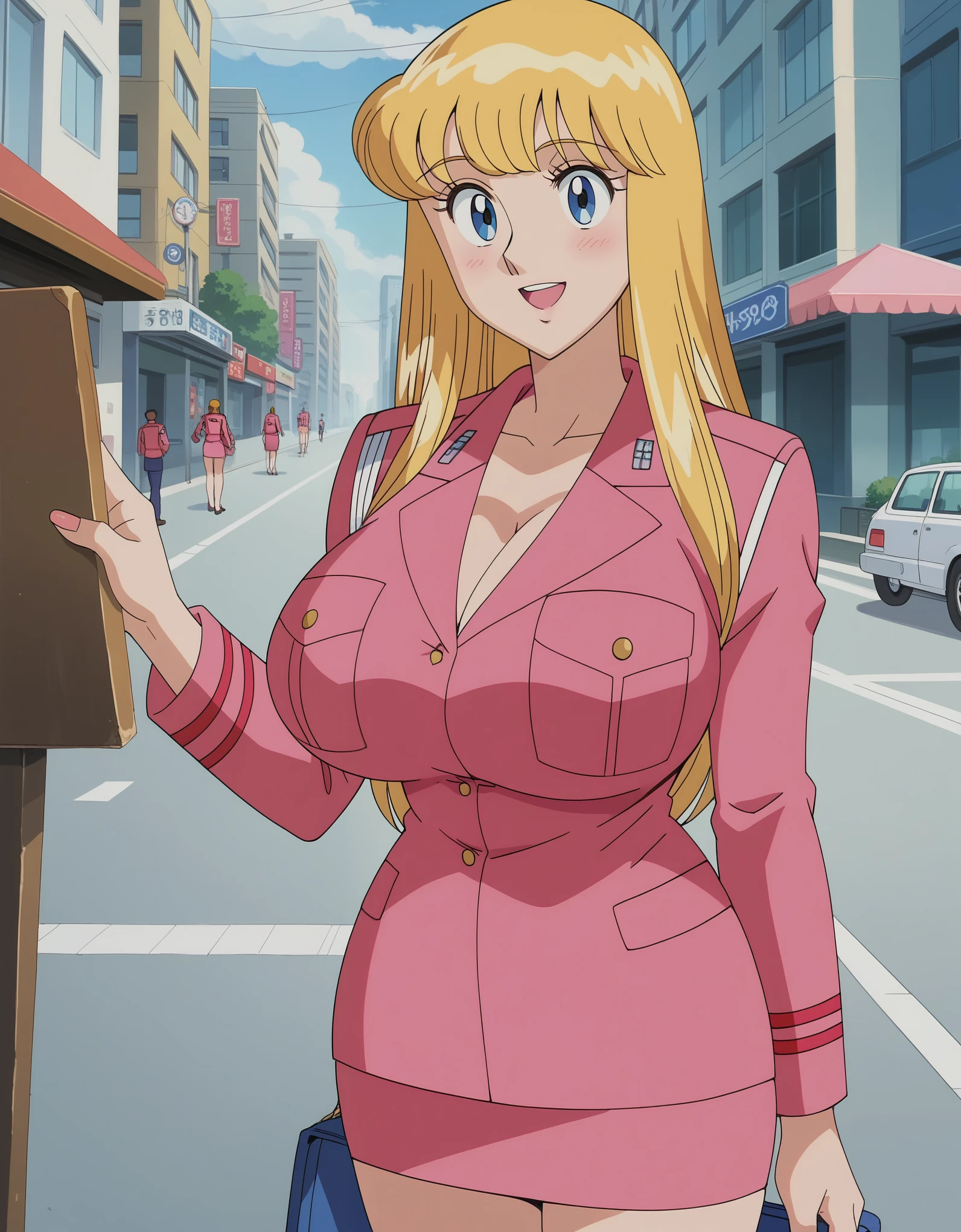 score_9, score_8_up, score_7_up, score_6_up, score_5_up, score_4_up, masterpiece, best quality, very aesthetic, absurdres, source_anime, anime screencap, 1990s \(style\), BREAK 1girl, solo, r3iko, very small head, blue eyes, blonde hair, long hair, huge breasts, curvy, long torso, wide hips, cleavage, cleavage, pink uniform, pencil skirt, smile, outdoors, city, street, day, shiny,