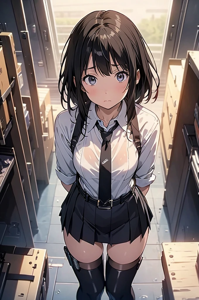 1 female, , high quality, masterpiece, Ultra-high resolution, , Cinema Lighting, , , And the suspenders with the cranes flying Moderate breasts Large Breasts Small face holster Lying in bed Looking up Sweat belt summer 脇Sweat Black Hole Gloves suit garterbelt Leg Links ズボンにbelt holster Hands behind your back Anxious expression Looking up Anxious face Knee-high Knee socks Knee-highソックス garterbelt garter ふとももにgarterbelt Checkered mini skirt Necktie Headband ribbon